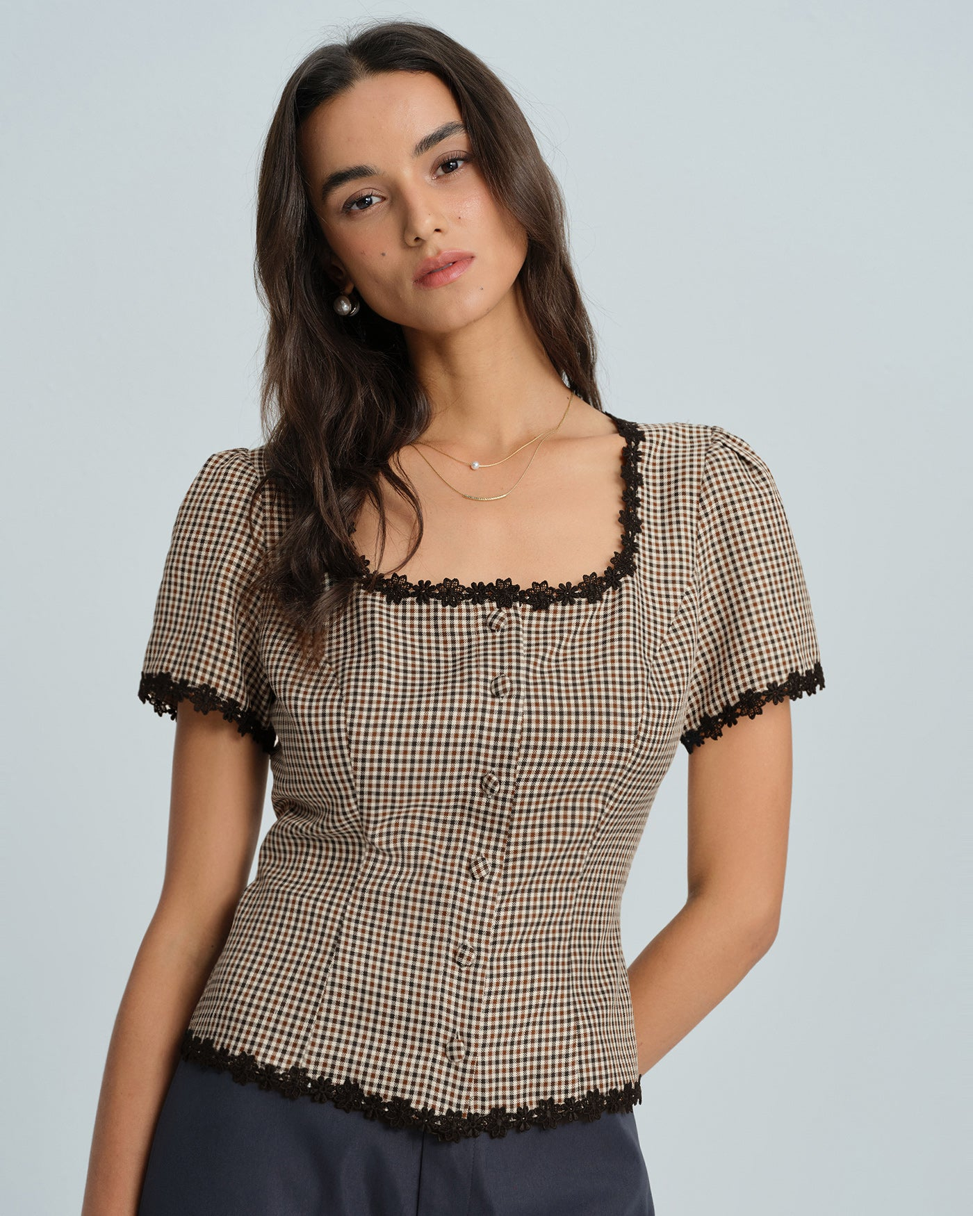 Navy Square Neck Button Blouse