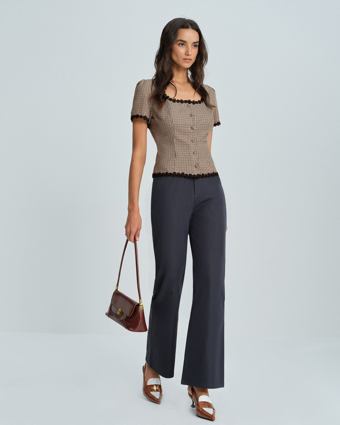 Navy Square Neck Button Blouse