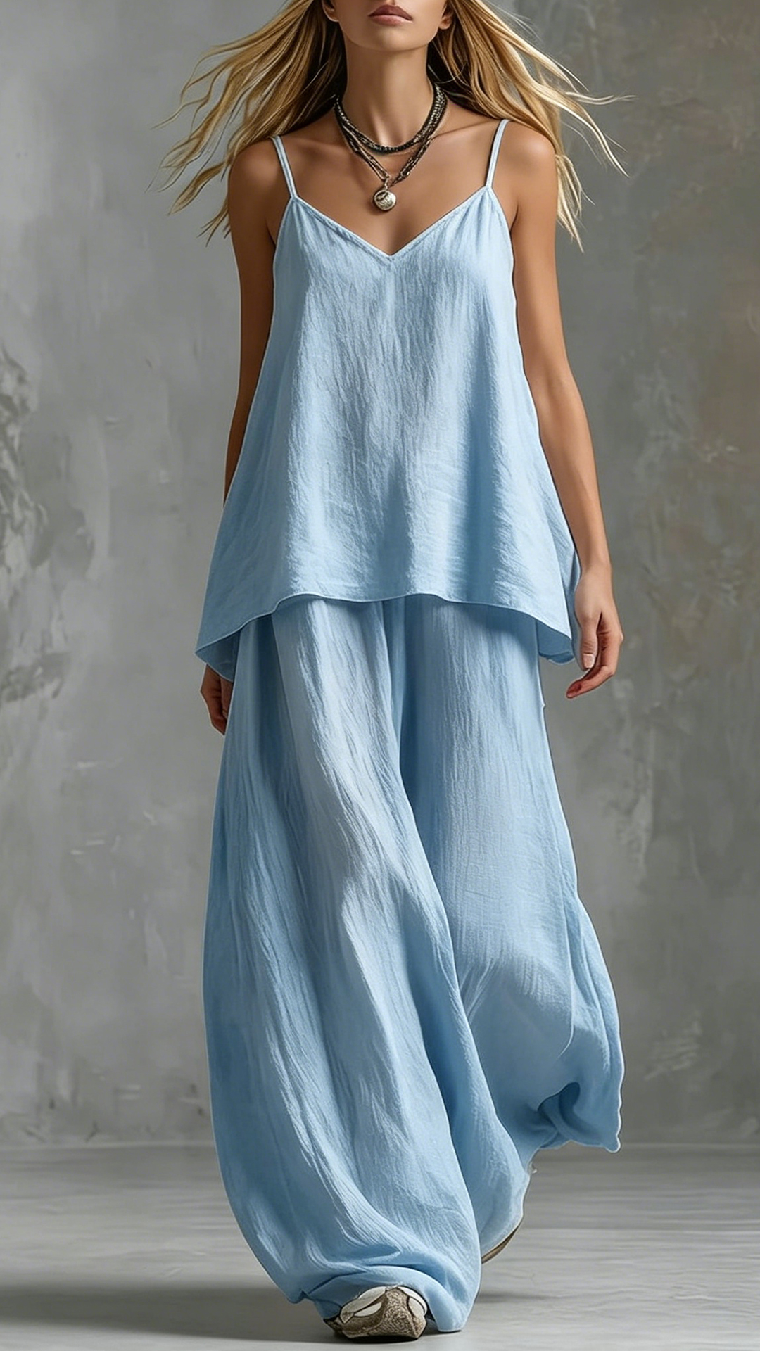 Women's Cotton-Blend Textured Cami and Wide-Leg Pants Set
