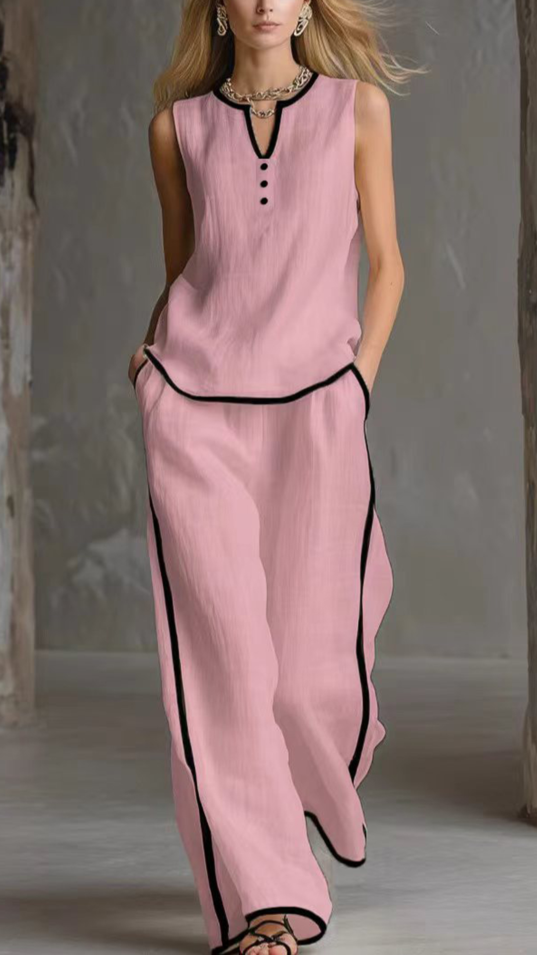 Women's Cotton-Blend Textured Sleeveless Top and Wide-Leg Pants Set