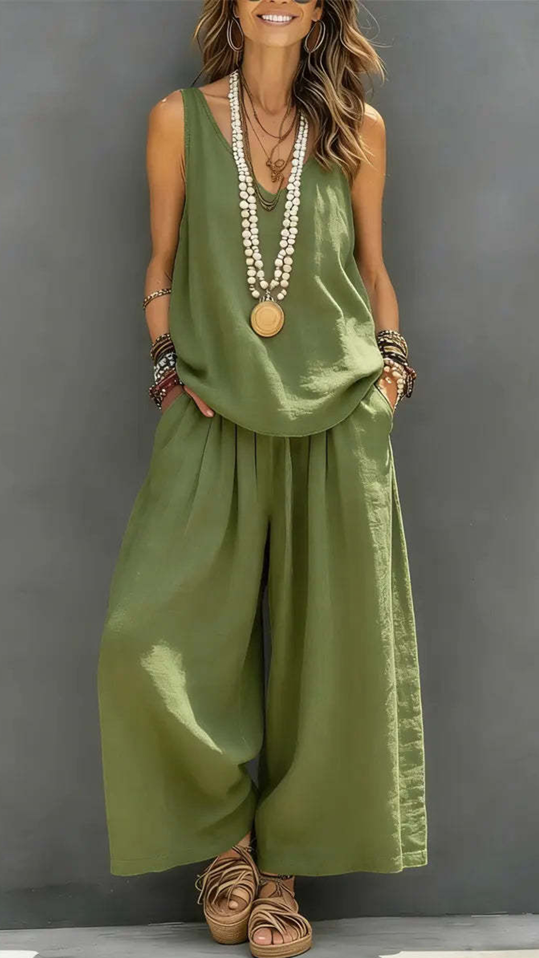 Women's Cotton Solid Color Sleeveless Loose Set