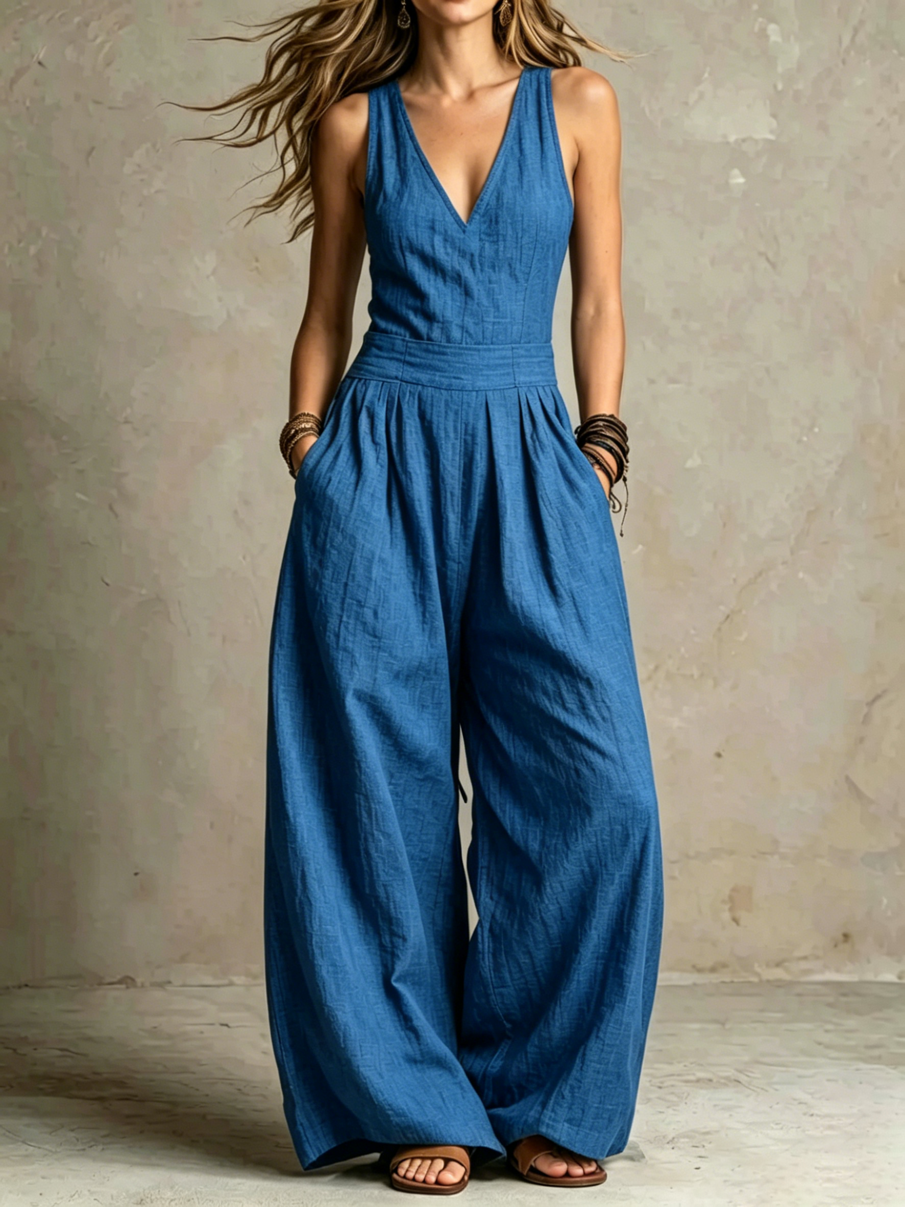 Women's cotton and linen loose sleeveless jumpsuit