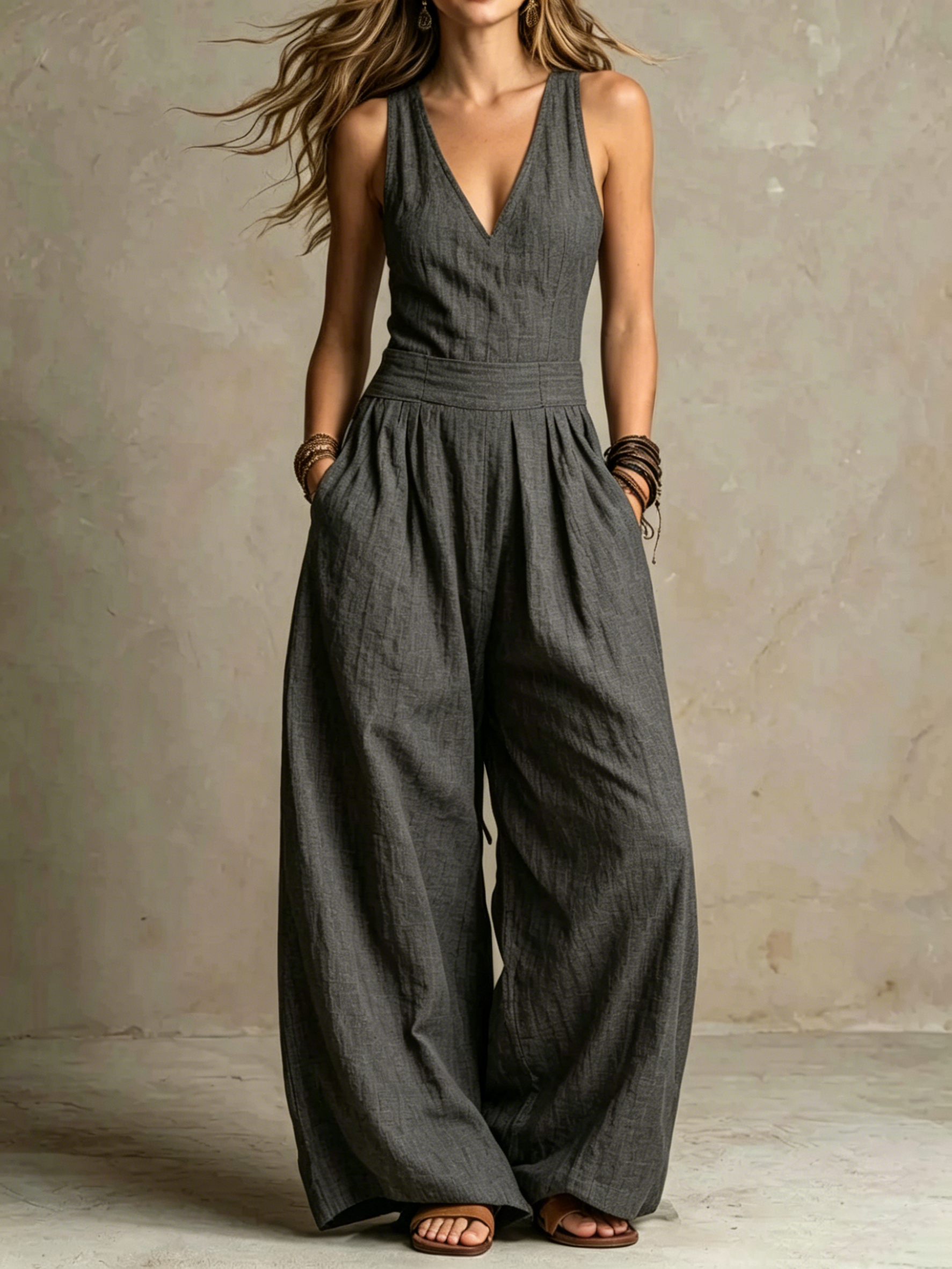 Women's cotton and linen loose sleeveless jumpsuit