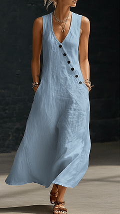 "Effortless Chic" Style V-Neck Button-Front Cotton-Linen Maxi Dress — Sleeveless Tank Dress