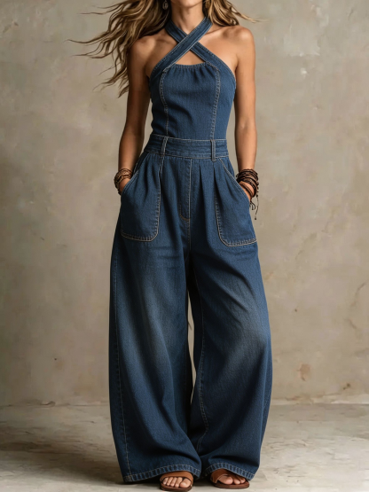 Women's Cross-Neck Backless Washed Denim Jumpsuit
