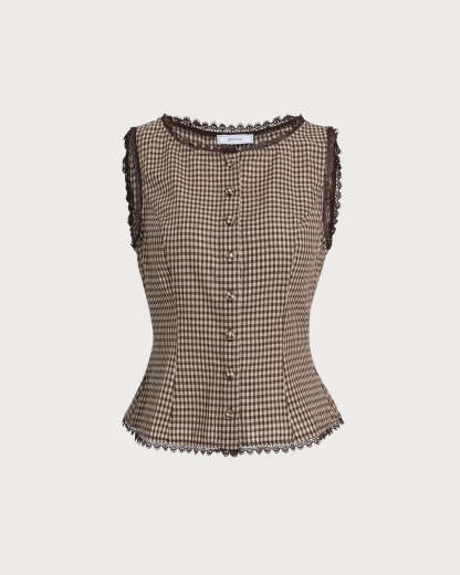 Brown Plaid Single Breasted Vest