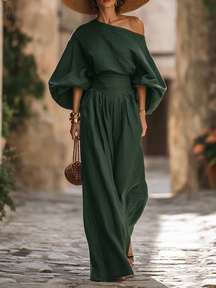 Stylish Off-shoulder Top And Wide-leg Pants Two-piece Set