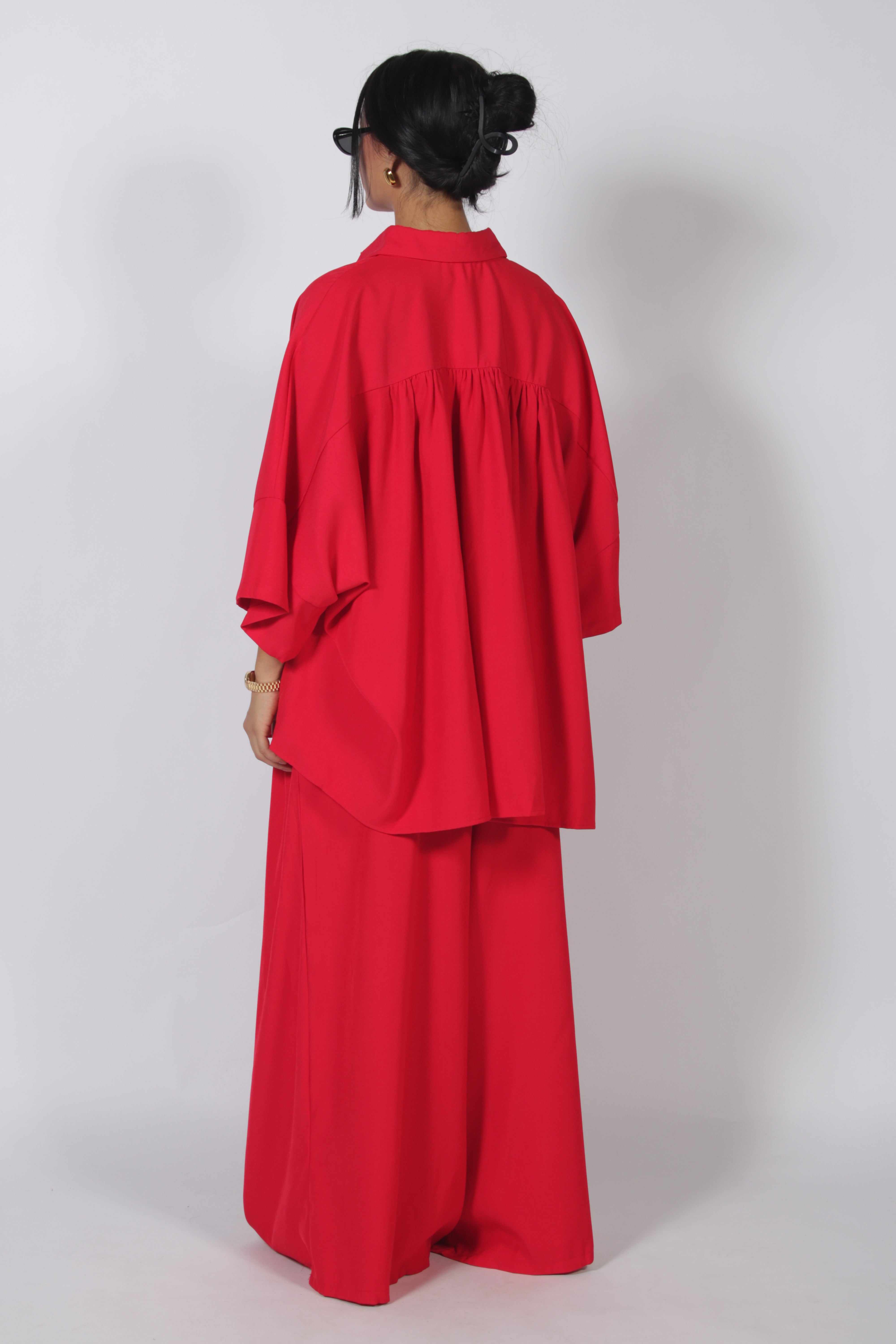 Red Oversized Batwing Sleeve Shirt & Wide Leg Pants Set