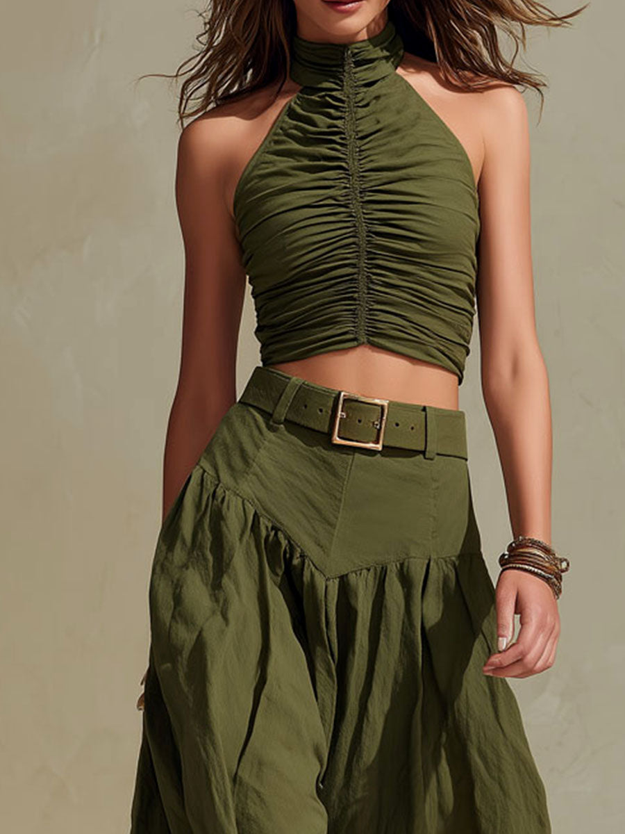 Boho Olive Green Ruched Top & High-Waisted Wide Leg Pants Two-Piece Set  [Belt not included]