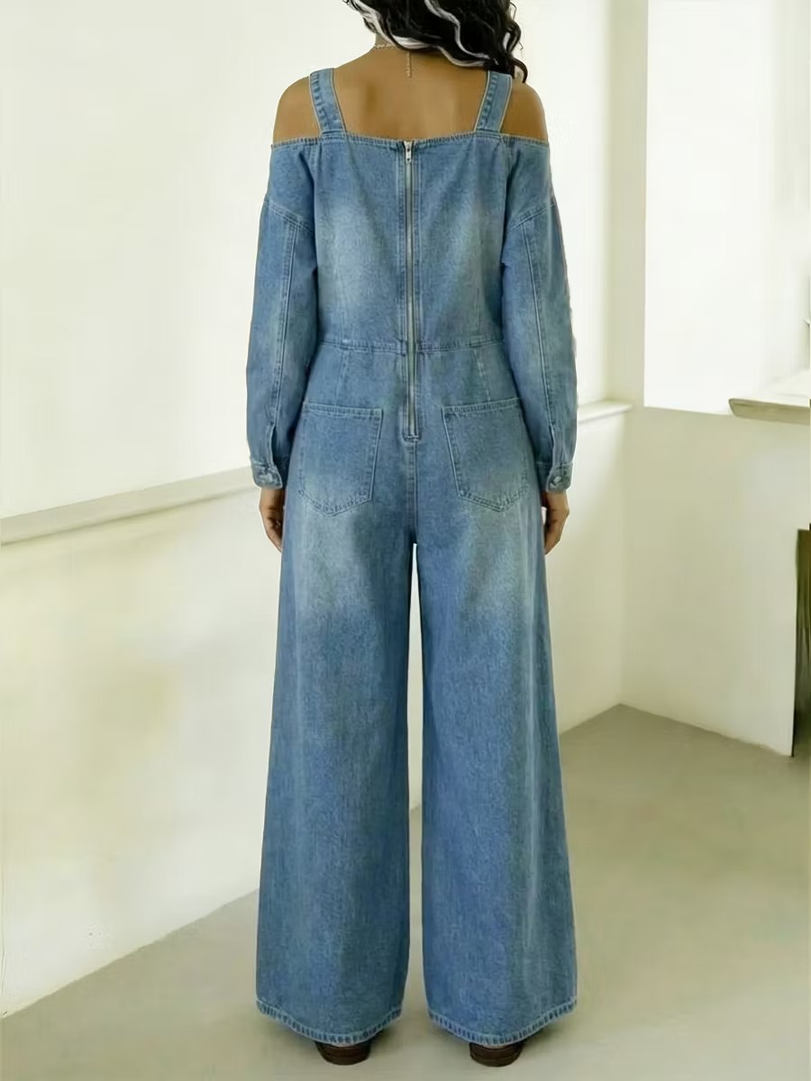 Off-the-Shoulder Wide Leg Denim Jumpsuit