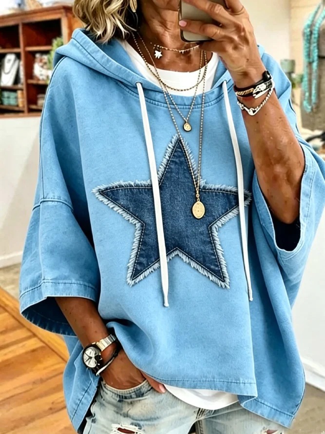 Women's Denim Star Patch Oversized Hoodie Short Sleeve Casual Sweatshirt