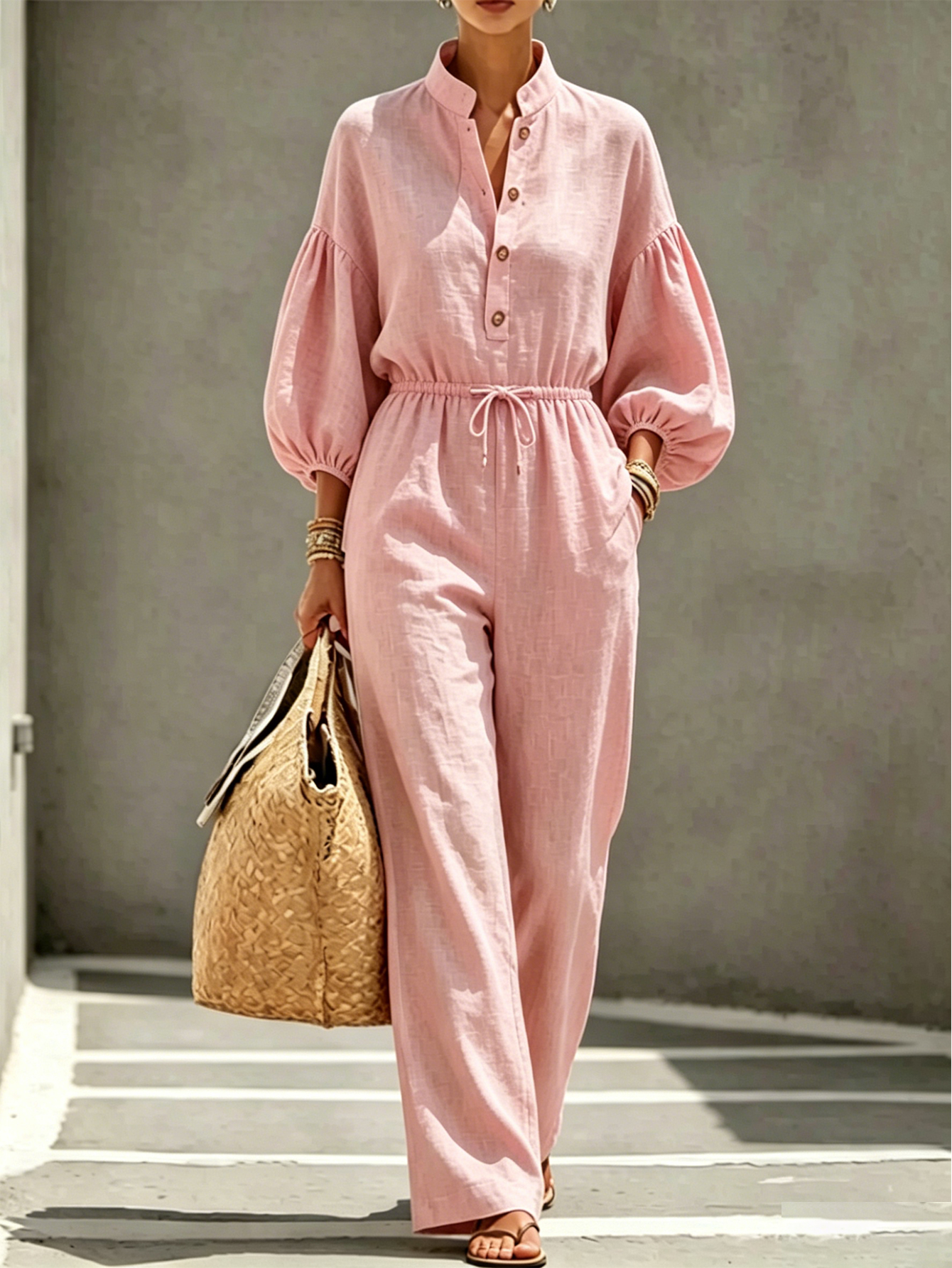 Women's Linen Blend Jumpsuit with Mandarin Collar, Drawstring Waist & Balloon Sleeves