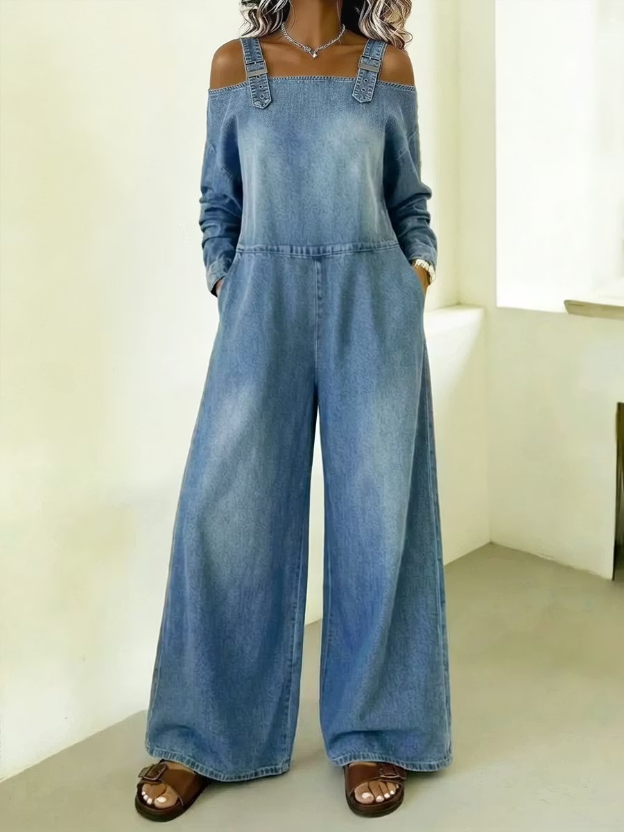 Off-the-Shoulder Wide Leg Denim Jumpsuit