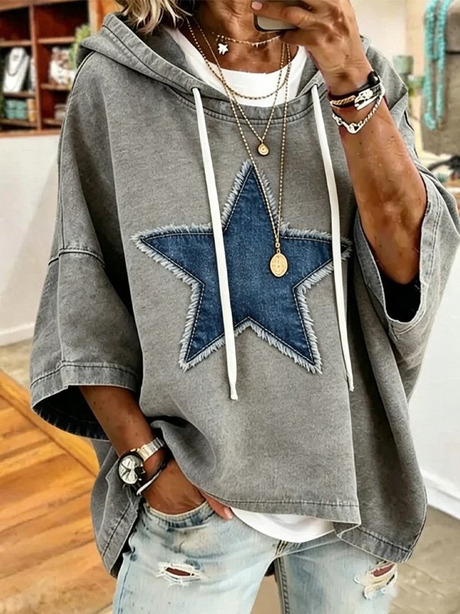Women's Denim Star Patch Oversized Hoodie Short Sleeve Casual Sweatshirt