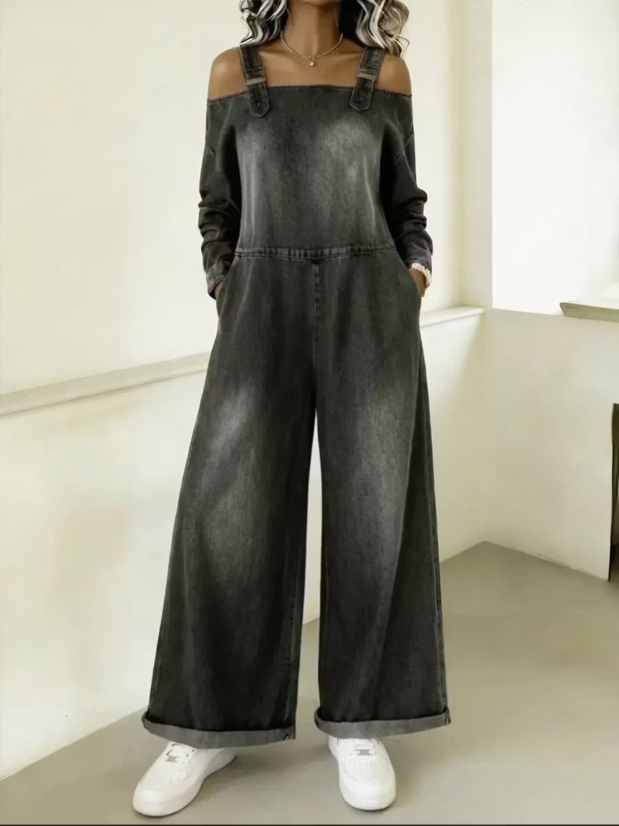 Off-the-Shoulder Wide Leg Denim Jumpsuit