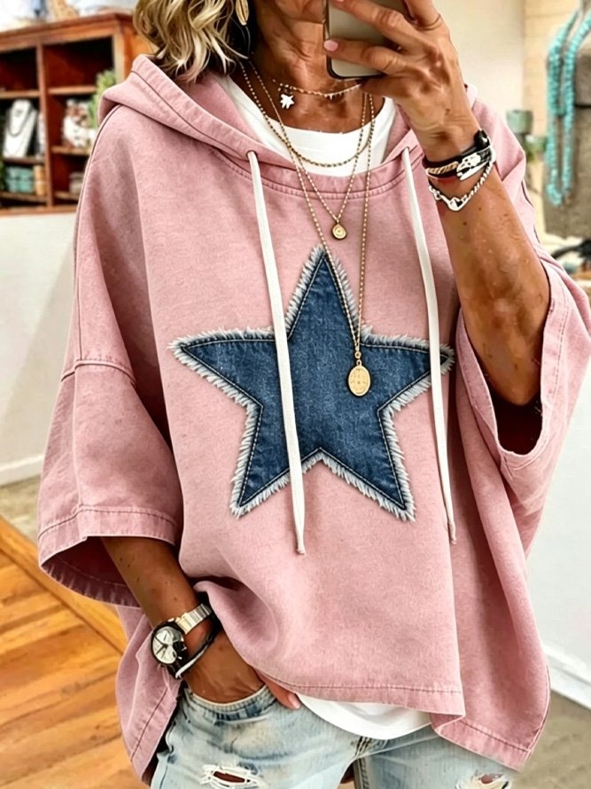 Women's Denim Star Patch Oversized Hoodie Short Sleeve Casual Sweatshirt