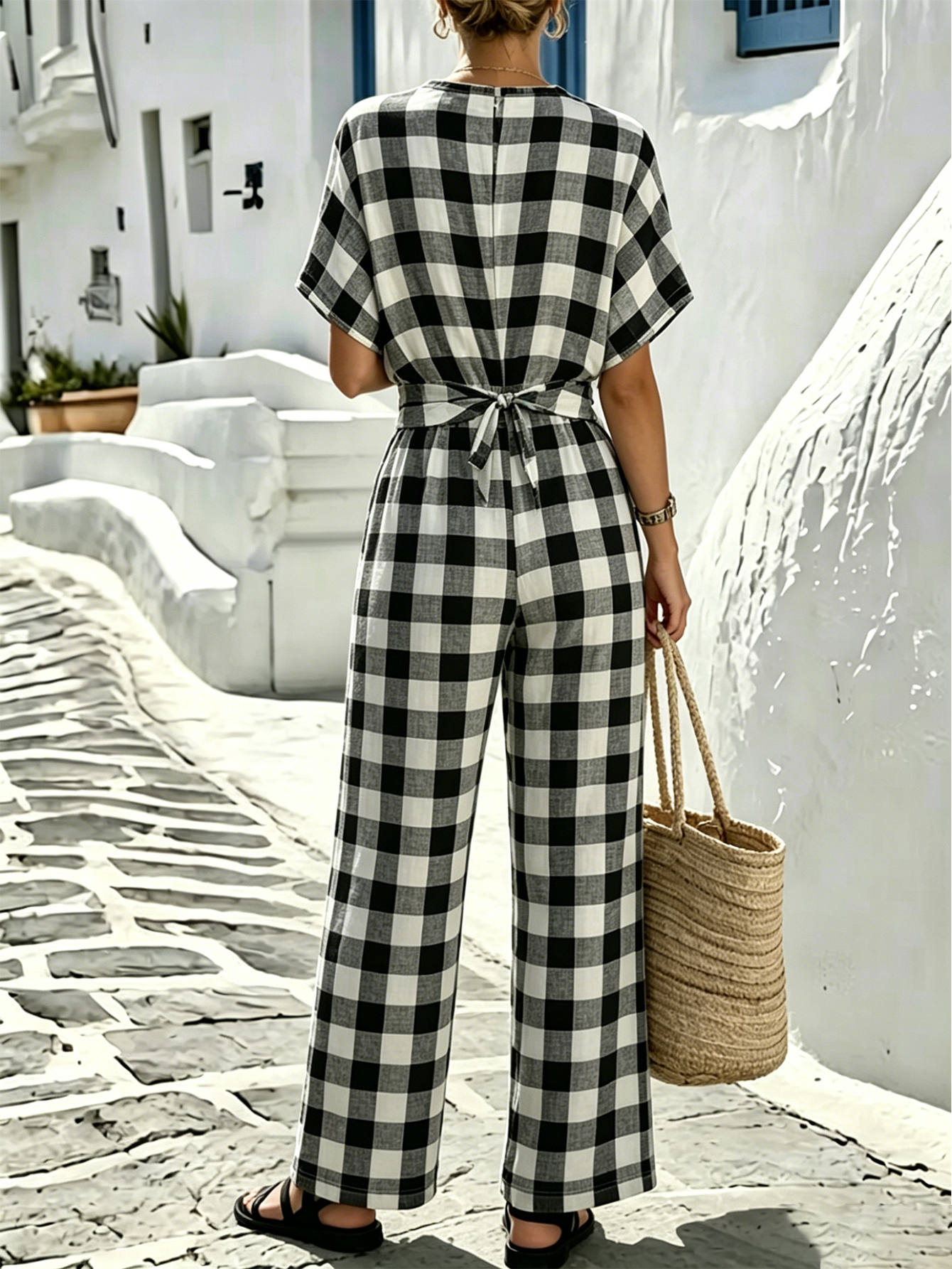 Women's Loose Black and White Plaid Print Jumpsuit