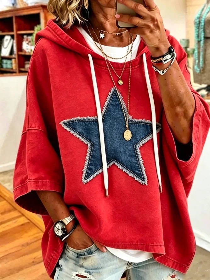 Women's Denim Star Patch Oversized Hoodie Short Sleeve Casual Sweatshirt