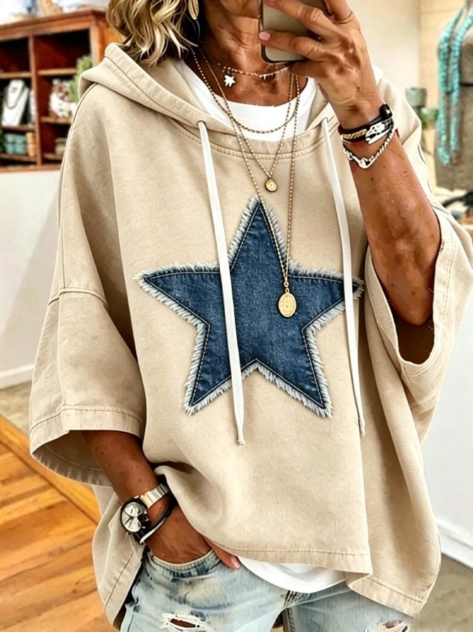 Women's Denim Star Patch Oversized Hoodie Short Sleeve Casual Sweatshirt