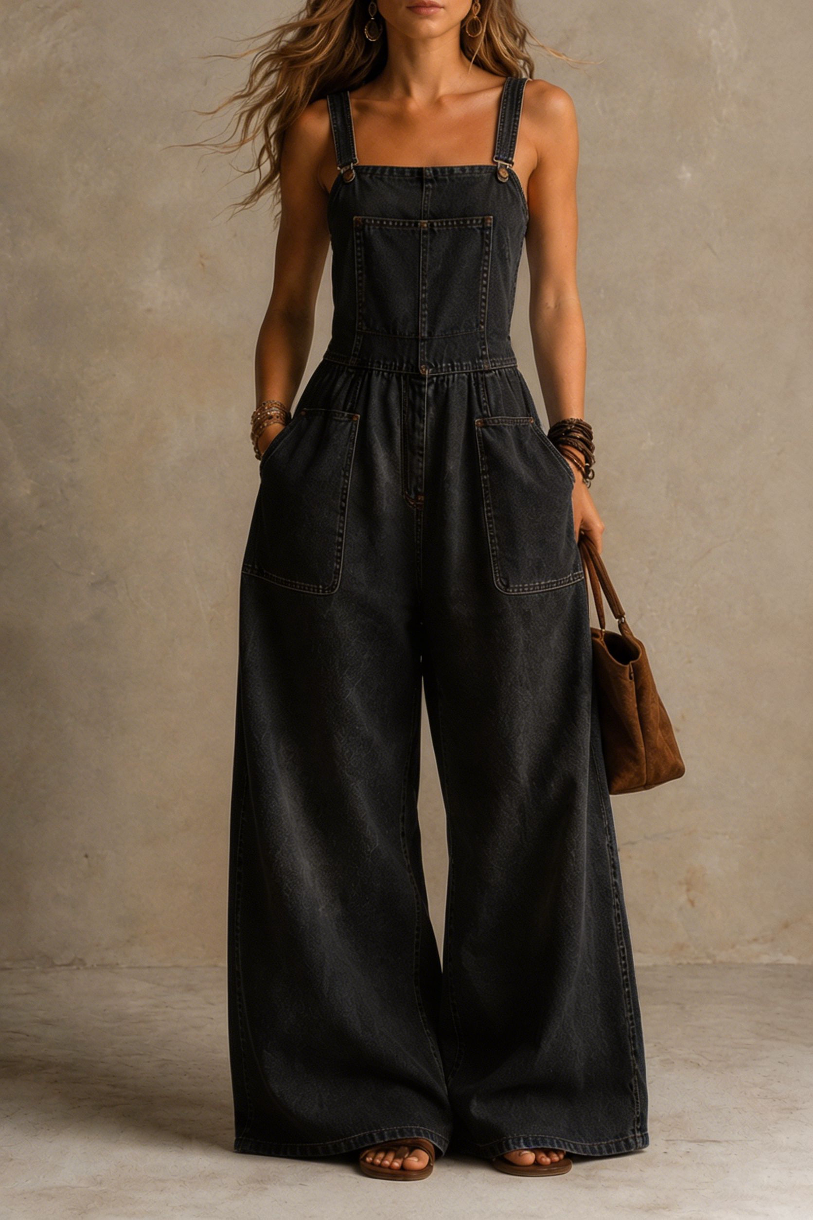 Women Vintage Denim Wide-Leg Jumpsuit