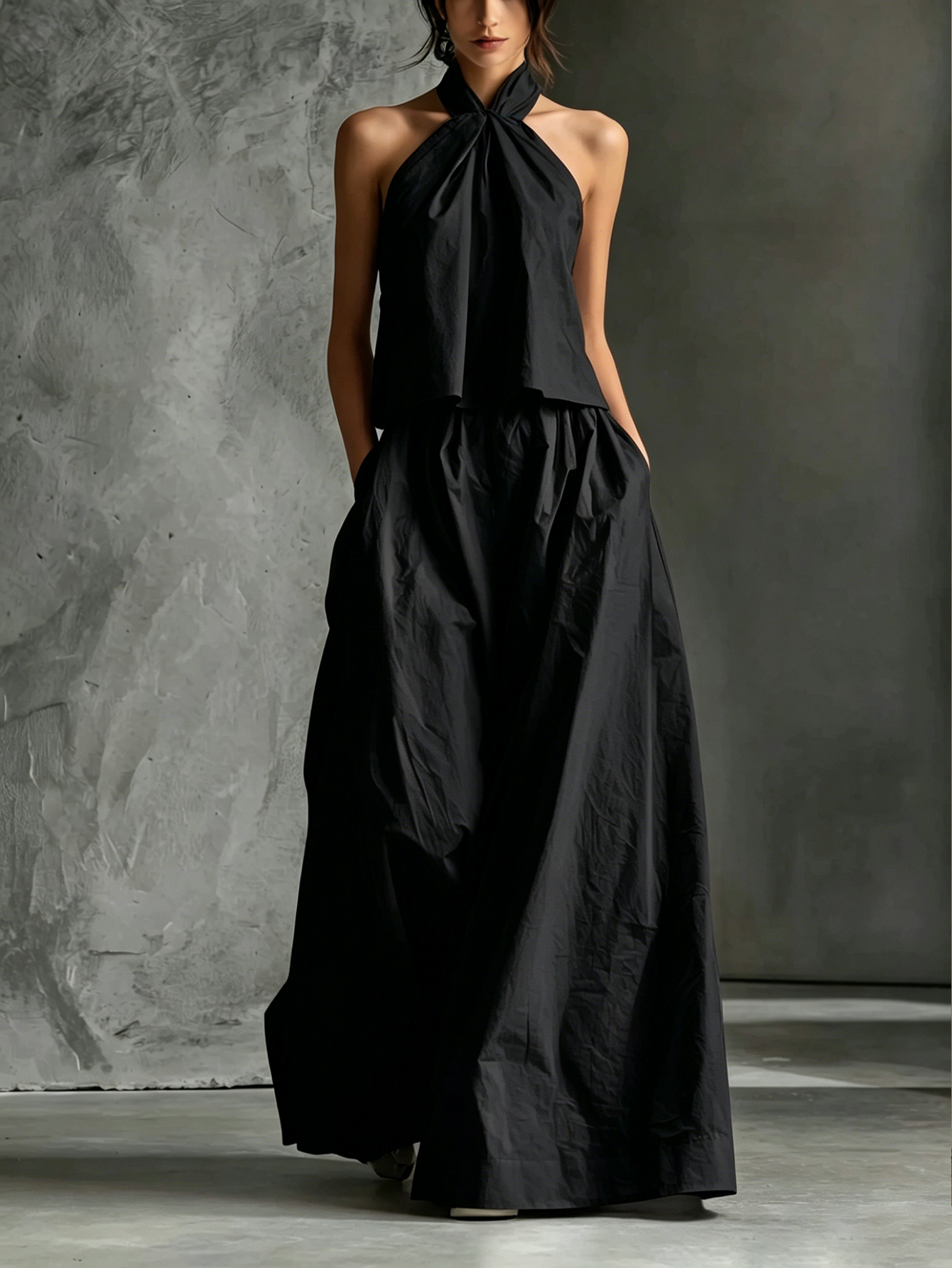 Women's Casual White Cotton And Linen Halter-neck Sleeveless Top And Skirt Set