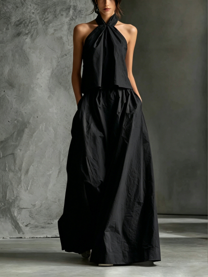 Women's Casual White Cotton And Linen Halter-neck Sleeveless Top And Skirt Set