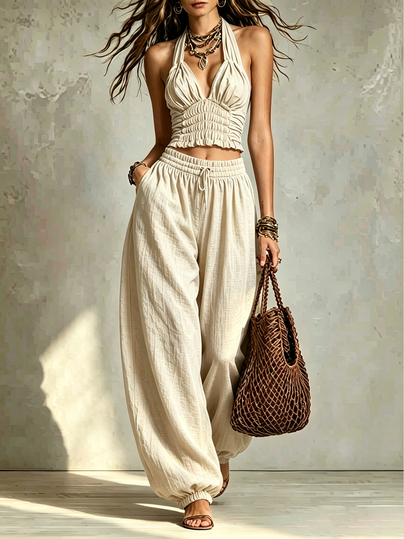 Women's Linen Blend Halter Ruched Two-Piece Set with Relaxed Drawstring Pants