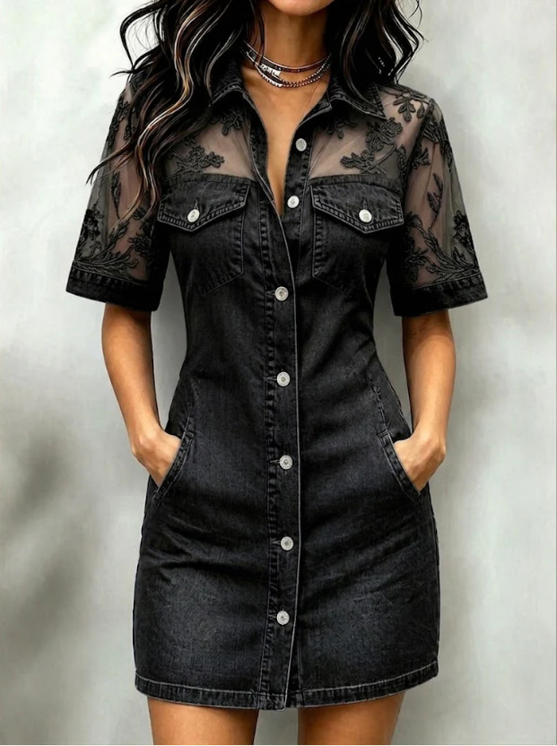 Women’s Short Sleeve Lace Patchwork Denim Shirt Dress