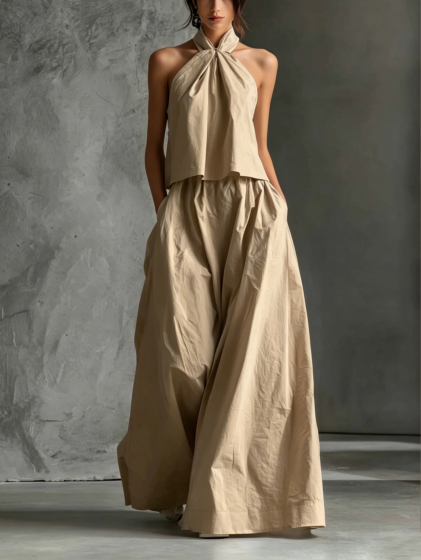 Women's Casual White Cotton And Linen Halter-neck Sleeveless Top And Skirt Set