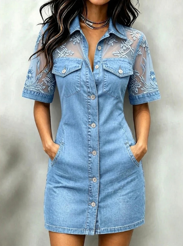 Women’s Short Sleeve Lace Patchwork Denim Shirt Dress