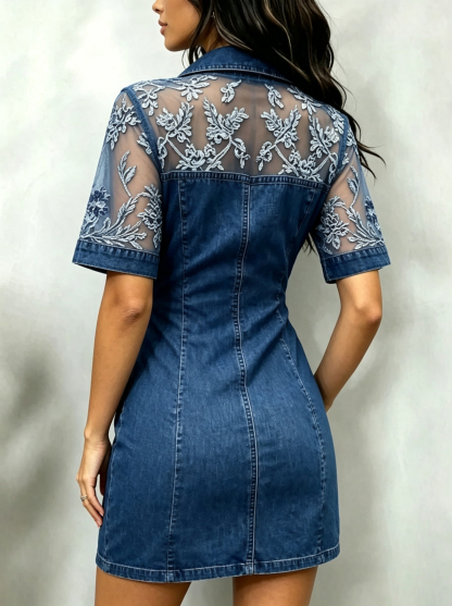 Women’s Short Sleeve Lace Patchwork Denim Shirt Dress