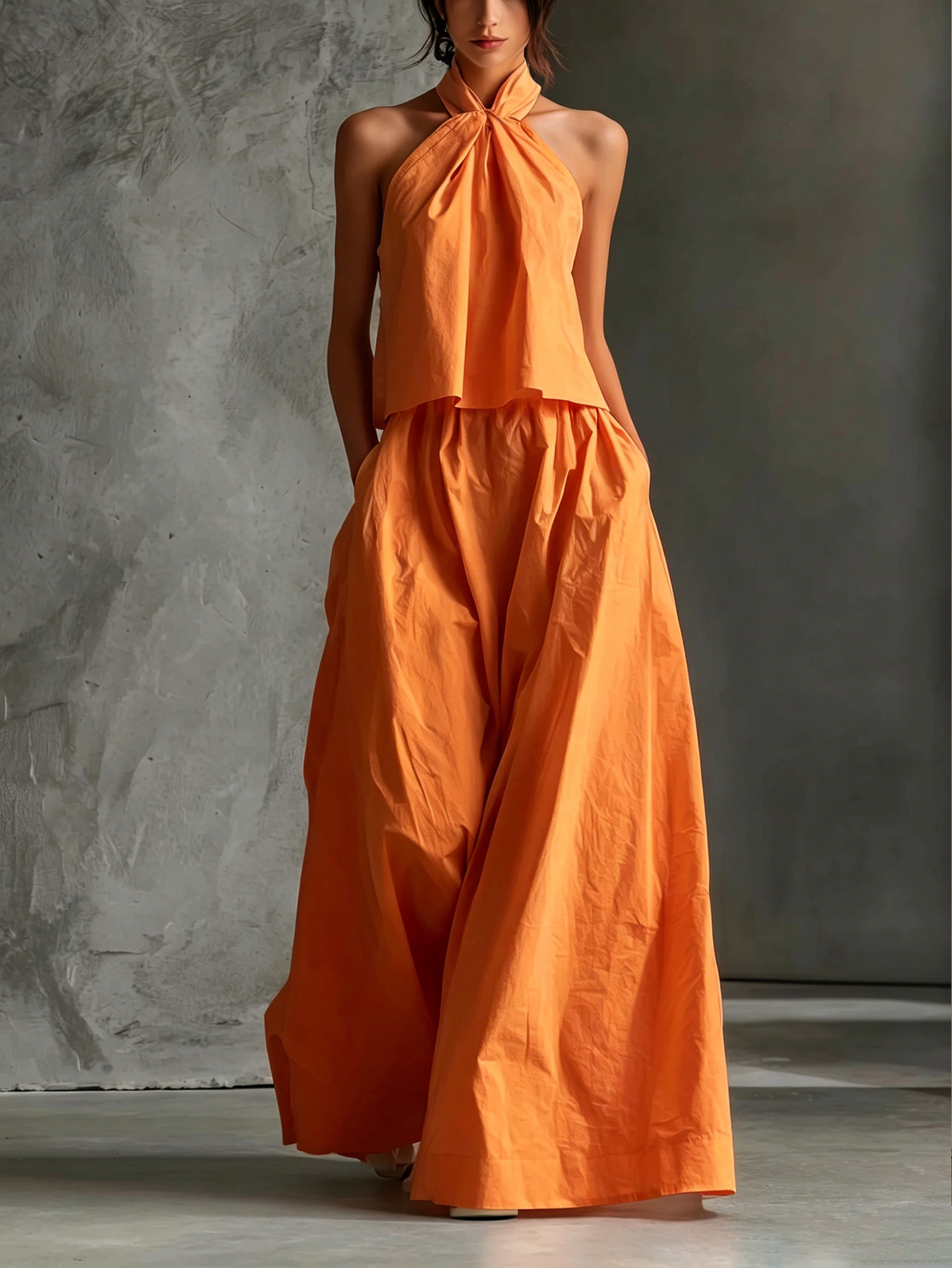 Women's Casual White Cotton And Linen Halter-neck Sleeveless Top And Skirt Set