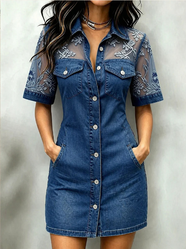 Women’s Short Sleeve Lace Patchwork Denim Shirt Dress