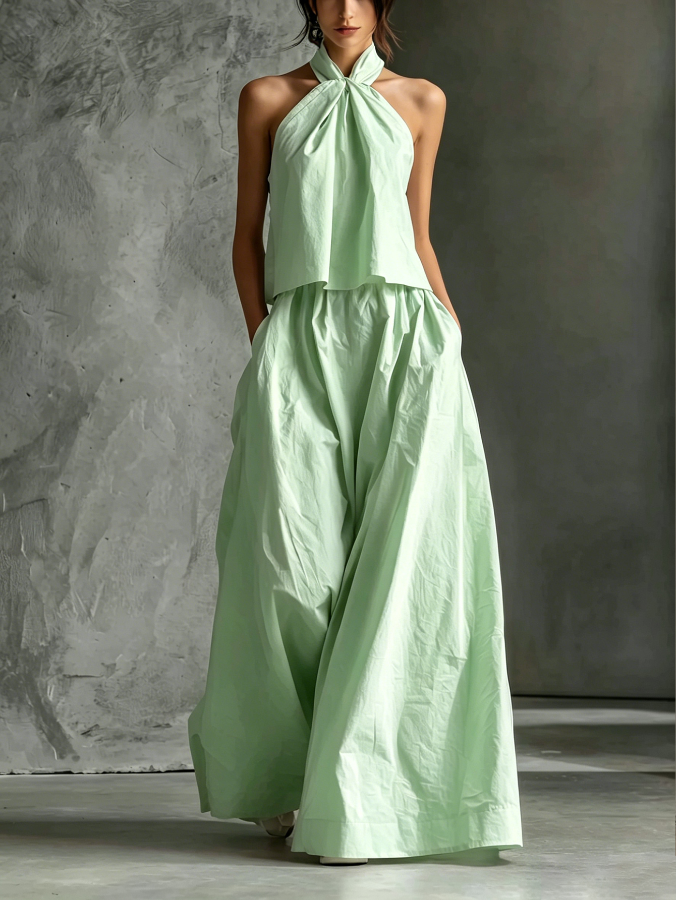 Women's Casual White Cotton And Linen Halter-neck Sleeveless Top And Skirt Set