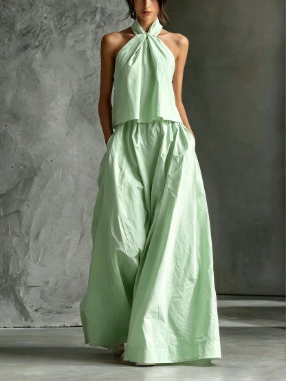 Women's Casual White Cotton And Linen Halter-neck Sleeveless Top And Skirt Set