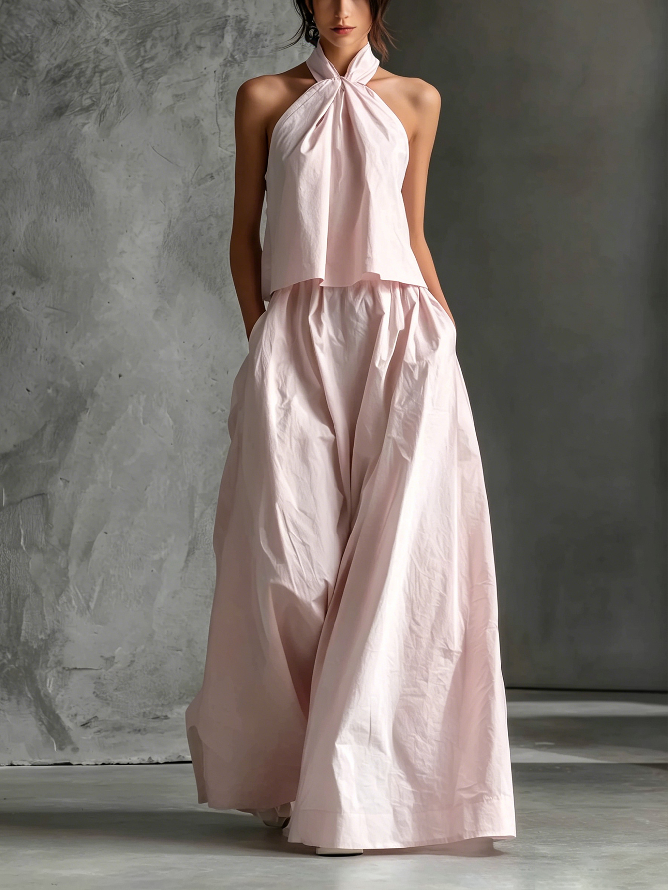 Women's Casual White Cotton And Linen Halter-neck Sleeveless Top And Skirt Set