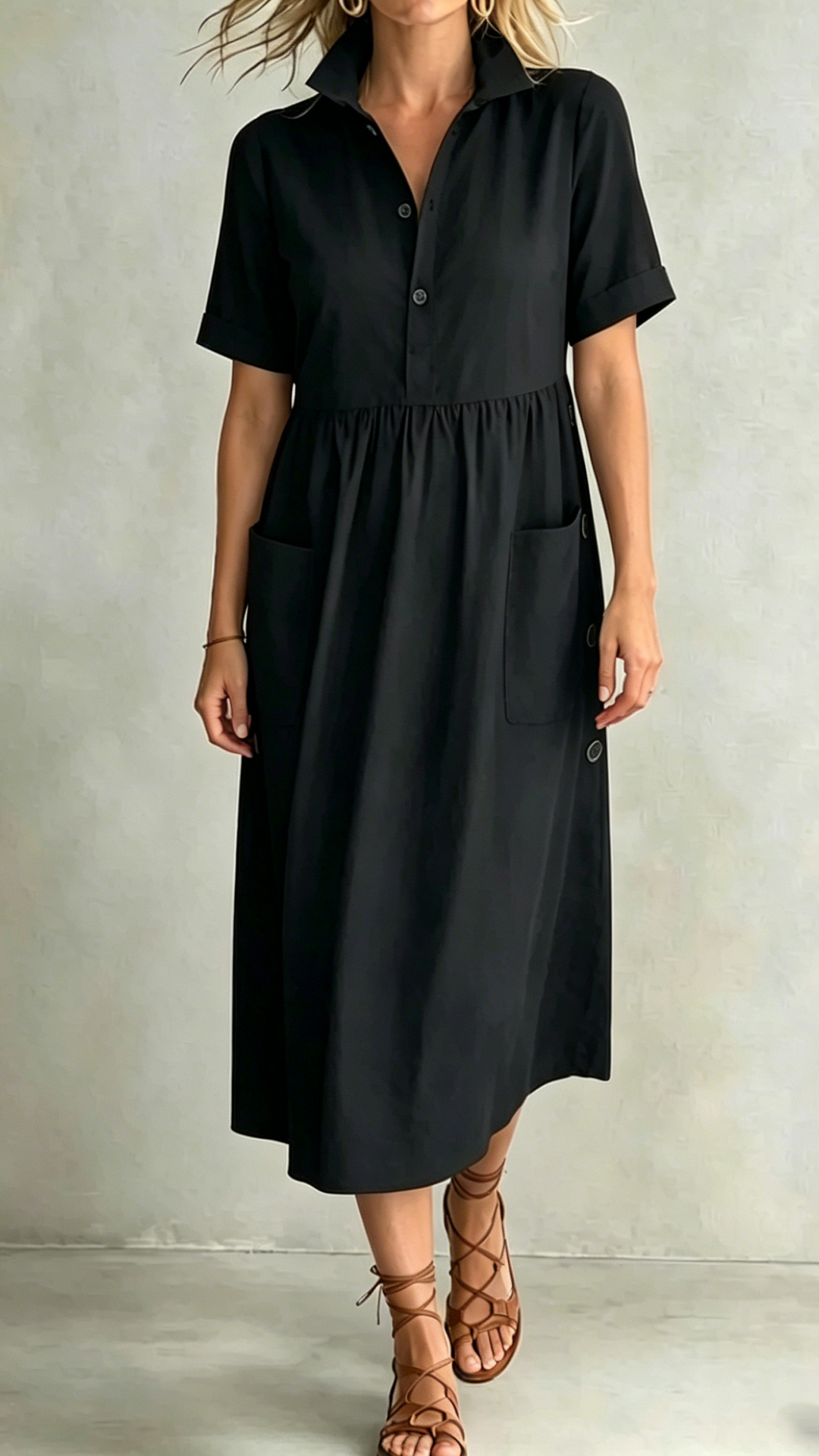 Women's Black Cotton-Blend Shirt Dress