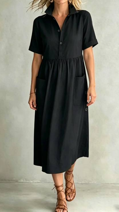 Women's Black Cotton-Blend Shirt Dress
