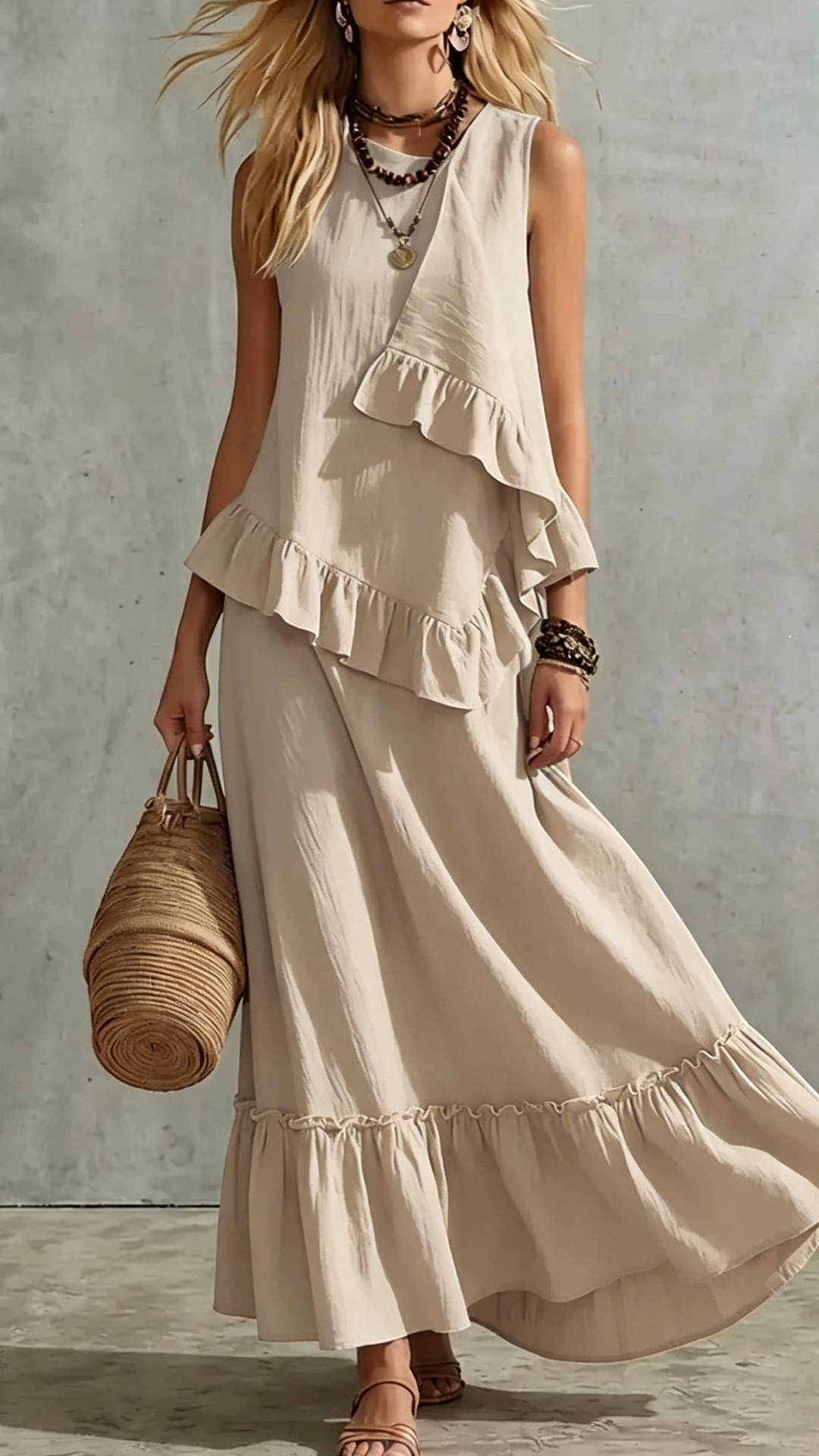Women's Cotton-Blend Ruffled Sleeveless Maxi Dress