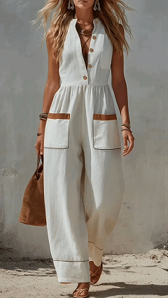 Women's Linen-Cotton Color-Blocked Sleeveless Jumpsuit