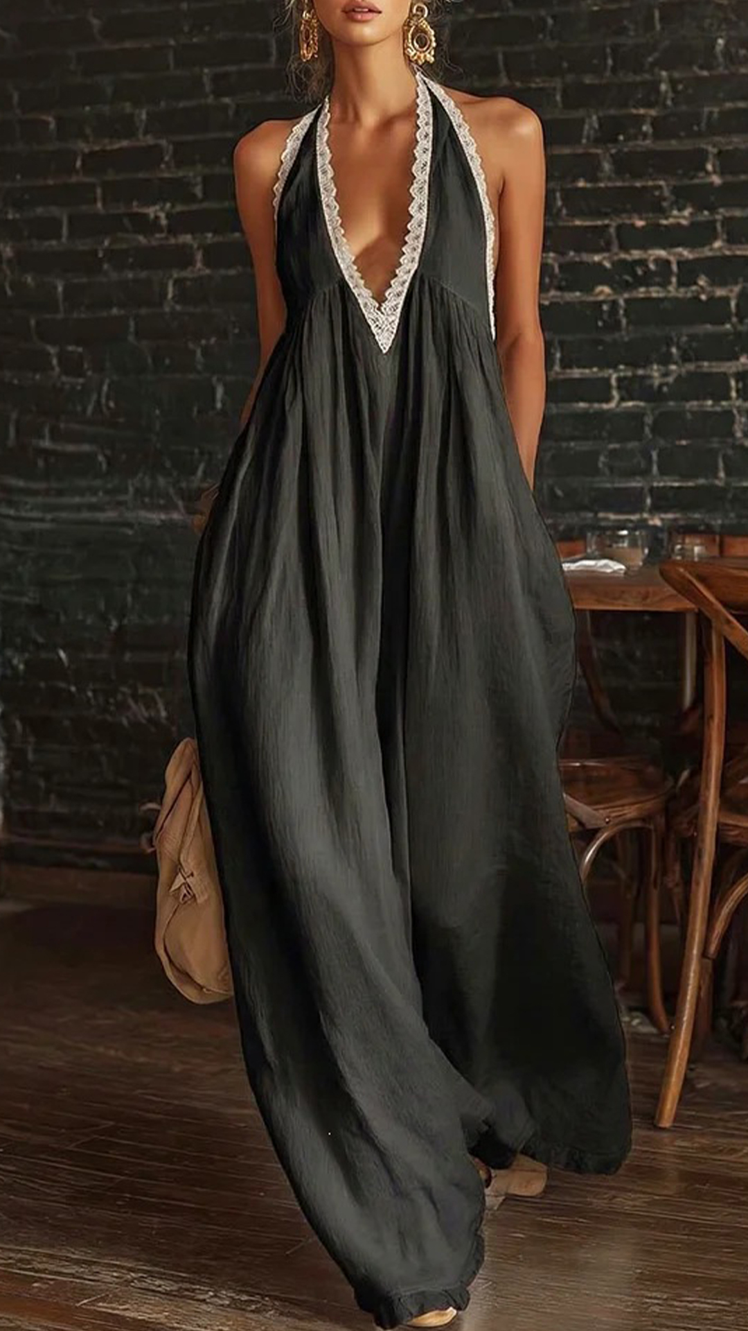Women's Linen-Cotton Lace Halter Wide-Leg Jumpsuit