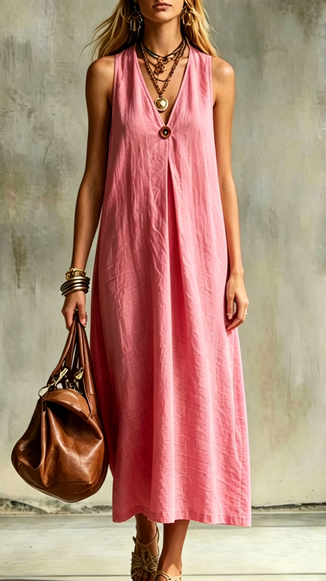 Women's Cotton-Blend V-Neck Loose Sleeveless Dress