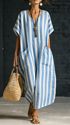 Women's Cotton-Blend Blue and White Vertical Striped Loose Dress