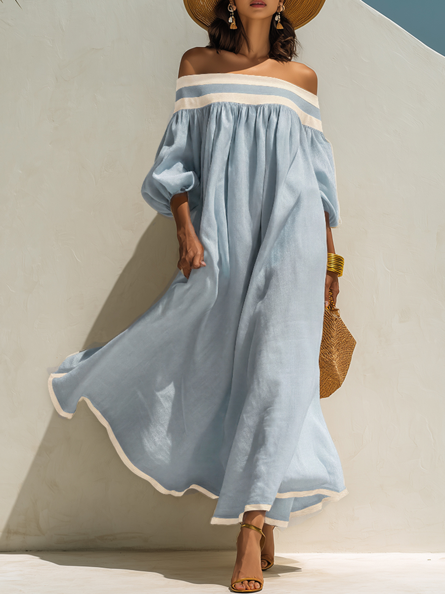 Loose-fitting Color-blocked Off-the-shoulder Beige Cotton-linen Maxi Dress