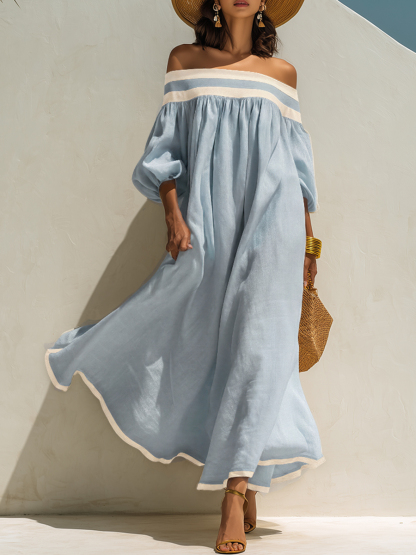 Loose-fitting Color-blocked Off-the-shoulder Beige Cotton-linen Maxi Dress