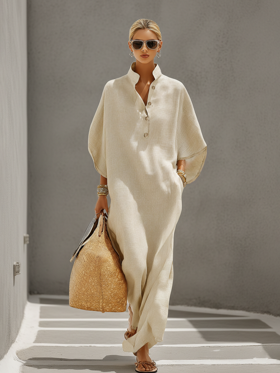 Women's Oatmeal Linen Dress With Mandarin Collar & Dolman Sleeves, Timeless Resort-Casual Style Dress MDZ0552B1I