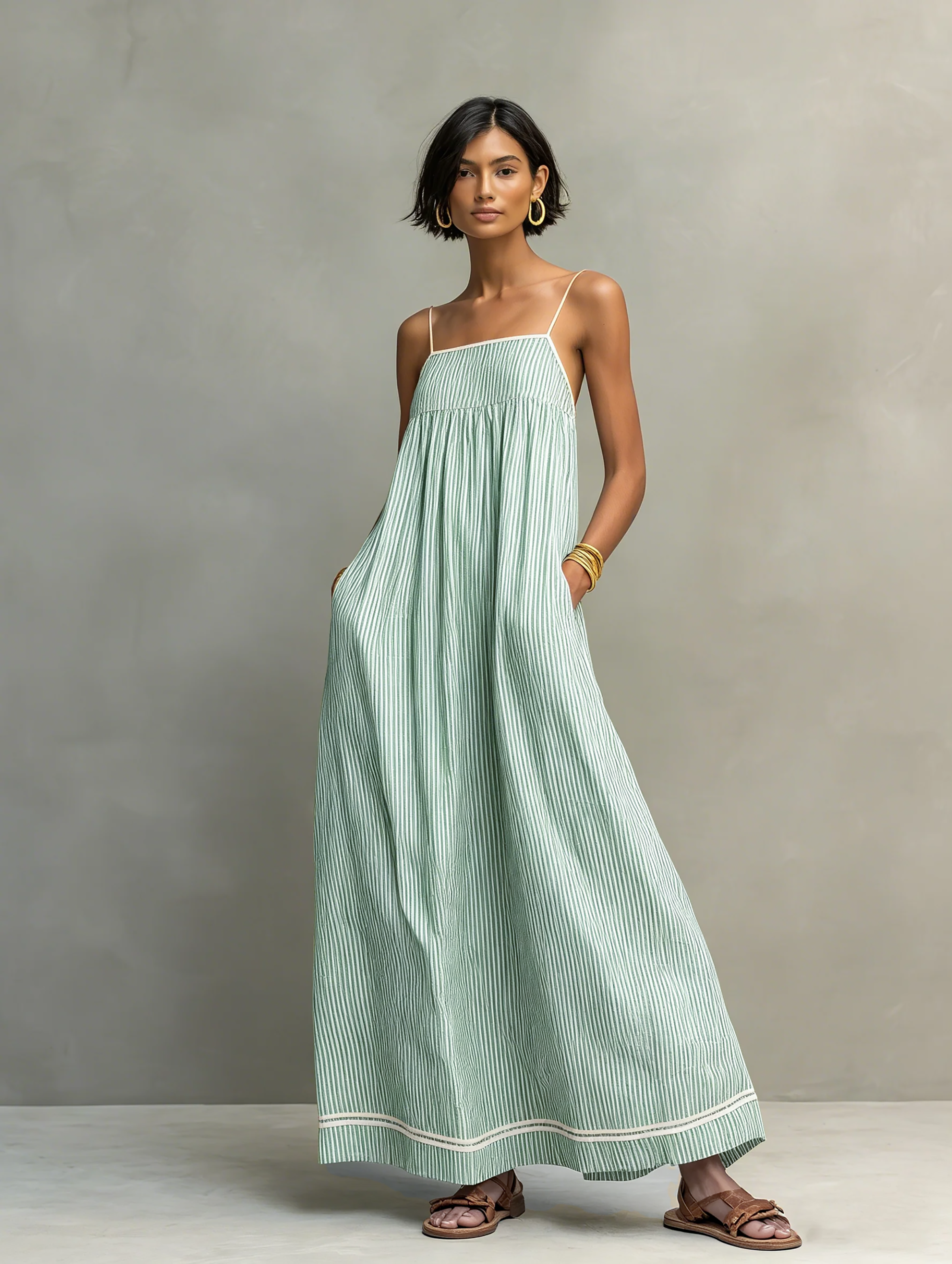 Women's Minimalist Striped Maxi Dress With Red Trim And Spaghetti Straps