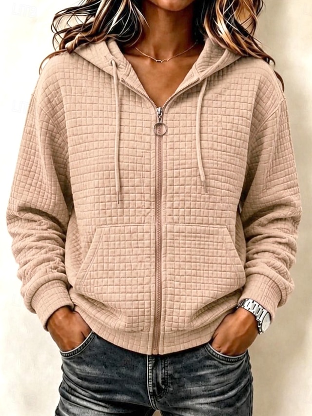 Women's Textured Pullover Hoodie Sweatshirt Warm Active Vintage Long Sleeve Hooded Long Tops Casual Home Holiday Black Pink Brown khaki Light Grey Fall Winter