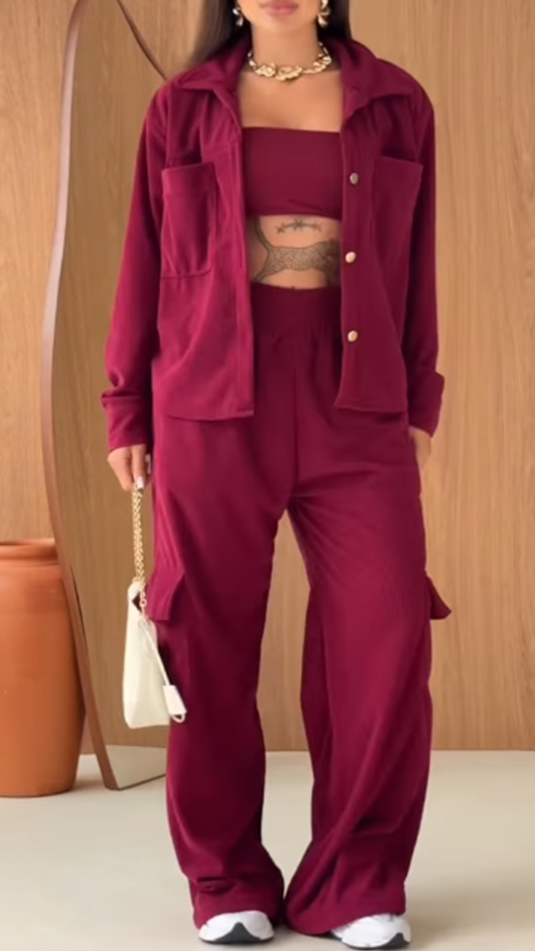 Minimalist Solid Utility Jacket & High Waist Cargo Pants Set