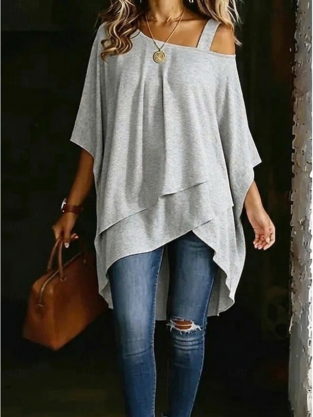 Women's T Shirt Tee Top Asymmetrical Hem Stylish Casual Short Sleeve Batwing Sleeve One Shoulder Long Tops Daily Going out Vacation Wear White Black Navy Blue Light Blue Summer Spring